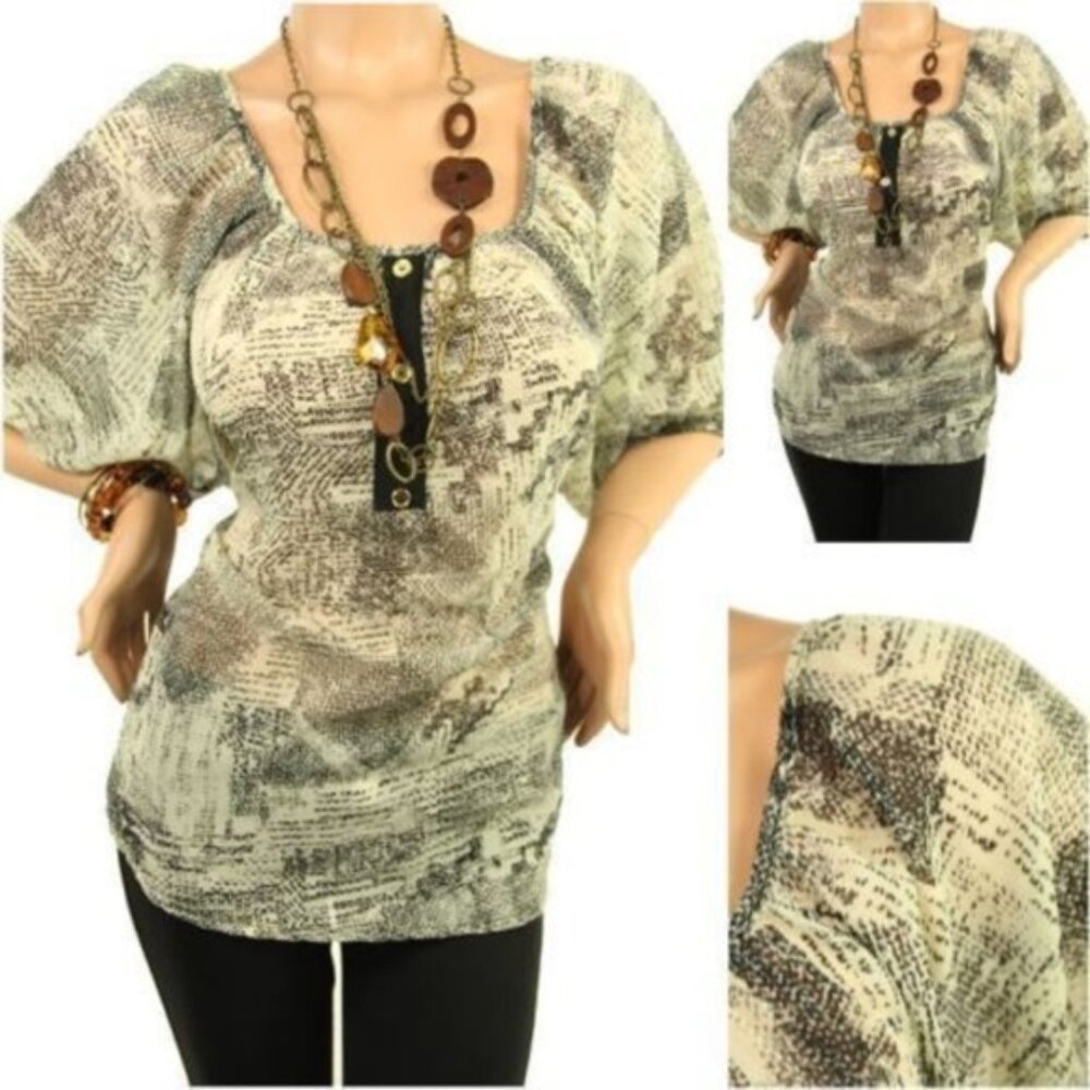 Le Fash NWOT White/Black Abstract Blouse with Embellished Sleeves Size 3X